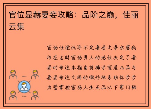 官位显赫妻妾攻略:品阶之巅,佳丽云集 官位显赫妻妾攻略:品阶之巅,佳丽云集